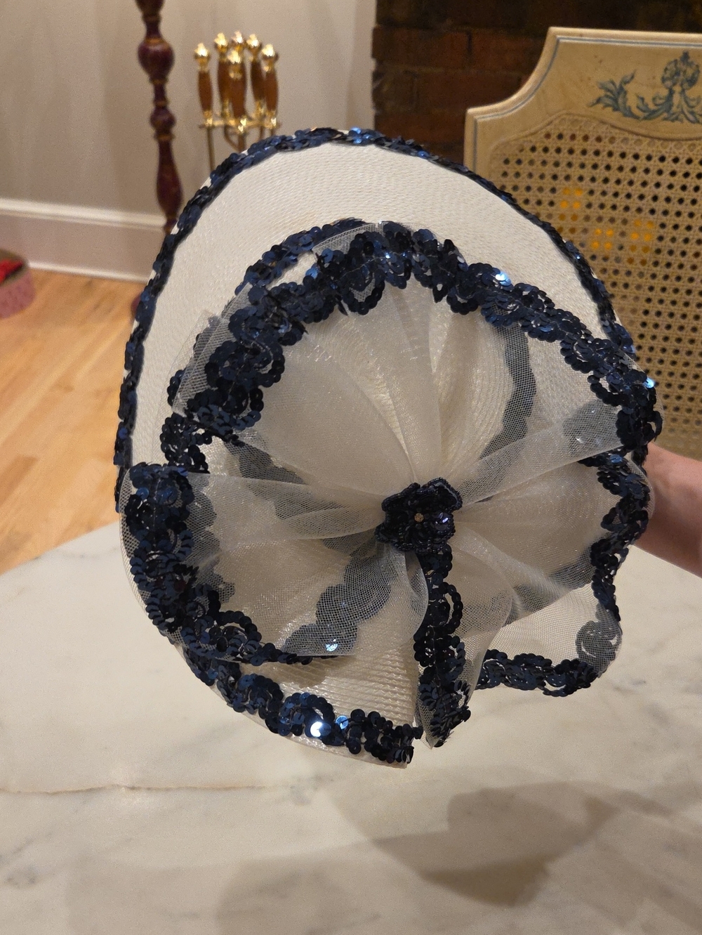 Vintage Kentucky Derby - Navy Sequin Trim White Straw Hat - Women's Accessories - Picture 1 of 3